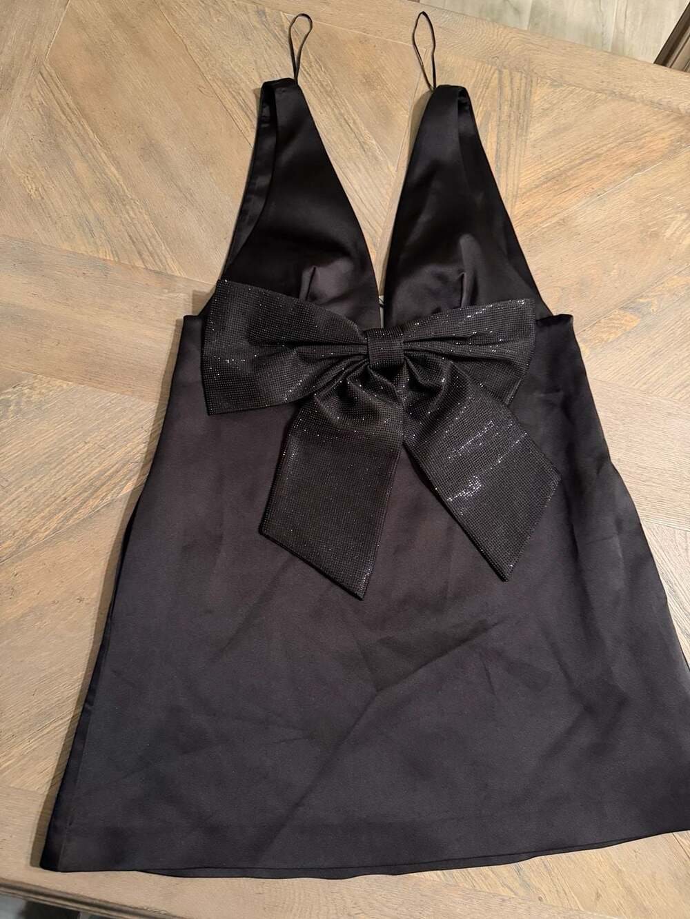 Zara Black Satin Rhinestone Bow Mini Dress Size XL